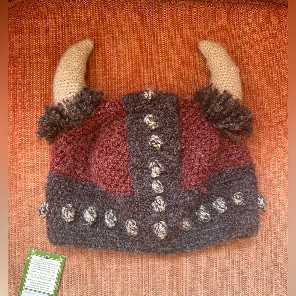 Handmade Viking Knit Hat Red and Brown Peruvian wool